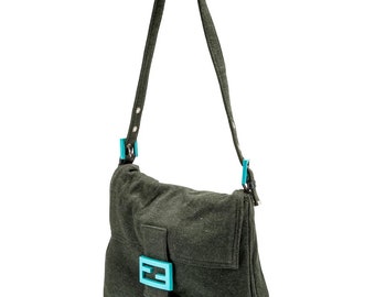 FENDI FF Vintage Mama Tall/Long Baguette in Dark Green Cotton with Teal Turquoise Hardware