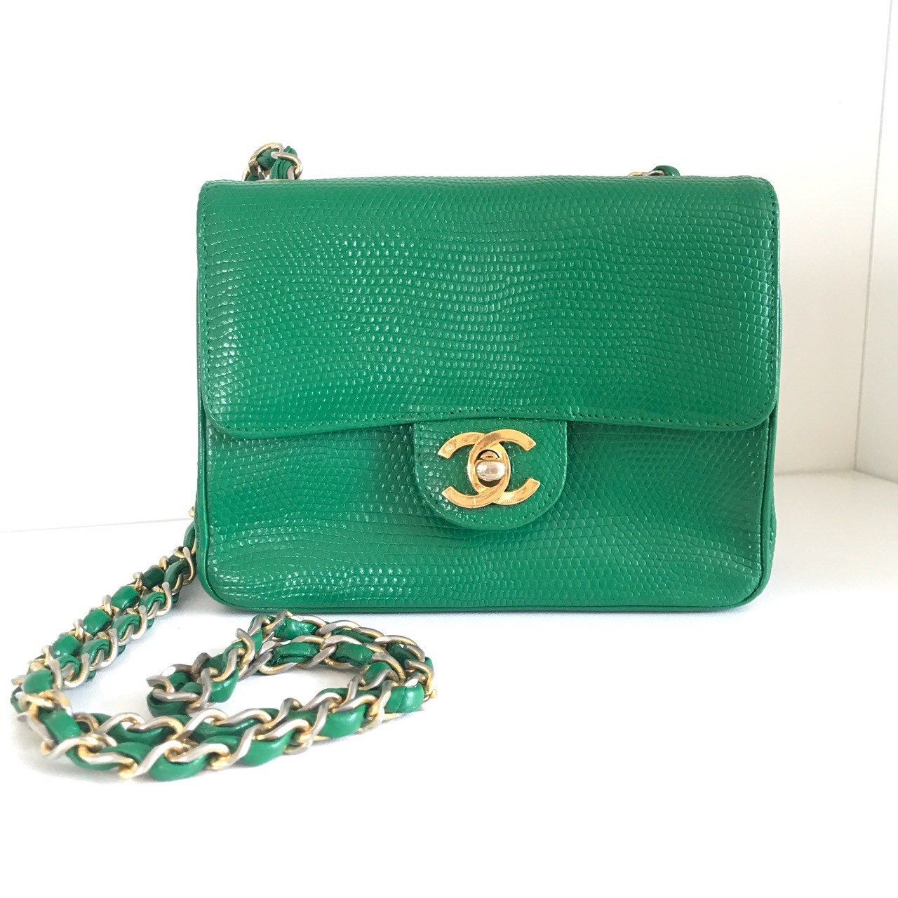 Sale CHANEL Exotic Lizard Mini Square Flap Bag in Green Etsy India