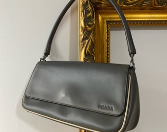 Vintage PRADA calfskin Flap Bag in dark gray color