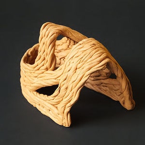 Puede incluir: Una escultura de cerámica hecha a mano con un diseño tejido y texturado. La escultura es de color marrón claro y tiene una forma abstracta única.