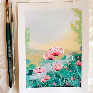 POPPIE FIELD | ORIGINAL gouache landscape painting, flower art, Signed Meag Artista illustration