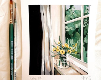 Sunny Ledge | ORIGINAL gouache landscape painting, flower art, Signed Meag Artista illustration