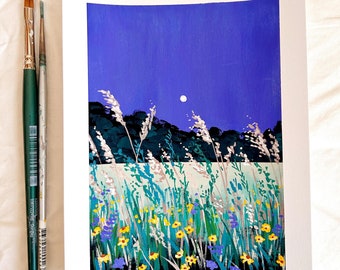 Summer Glow | ORIGINAL gouache landscape painting, flower art, Signed Meag Artista illustration