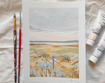 September Fields | ORIGINAL gouache landscape painting, flower art, Signed Meag Artista illustration