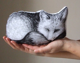 Fox pillow home decor lover gift throw cushion woodland forest handpainted decorative decoration children&#39;s room black white fabric cotton