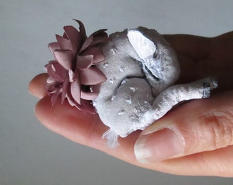 white fawn albino deer symbolic animal totem miniature pink chrysanthemum flower textile art sculpture art fantasy hand painted embroidered