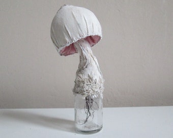 textile art mushroom mushrooms toadstool fabric sculpture bottle collection whimsical artwork OOAK fungus