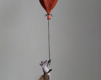 fox textile art miniature animal embroidered kids room home decor made of fabric with flying orange balloon dried alkekengi chinese lantern