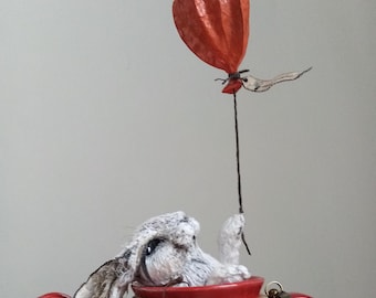 white rabbit bunny whimsical sculpture hare embridered textile art red tea pot fairy tale fantasy flying balloon unique piece embridered