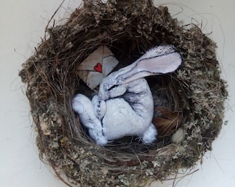 easter bunny white rabbit hare miniature textile artwork embroidered tiny doll totem cute spring gift love letter for animal lovers