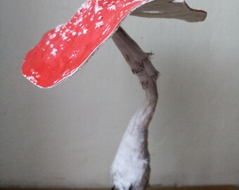 Textile mushroom art amanita muscaria fly agaric sculpture fabric glass red white home decor fall season christmas gift personalized message