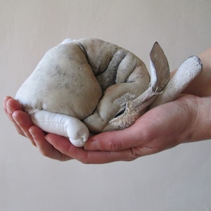 doll textile art hare bunny rabbit animal totem embroidered sculpture