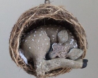 tree decoration Xmas Christmas decor whimsical fawn deer cute animal forest creature nest embroidered bauble pendant ball woodland cabin