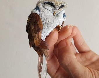 barn owl sun catcher suncatcher miniature fabric embroidered painted animal totem textile art home decors woodland fairy sculpture
