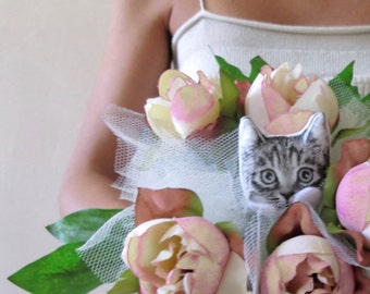 decorazione per bouquet da sposa nozze gattino in stoffa dipinto a mano