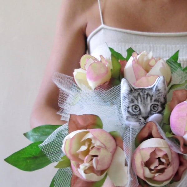 decorazione per bouquet da sposa nozze gattino in stoffa dipinto a mano