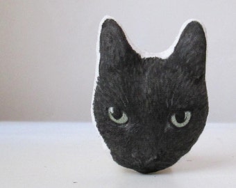 black cat brooch for cat lover gift idea for crazy cat lady head shaped hand painted fabric pin textile jewelry