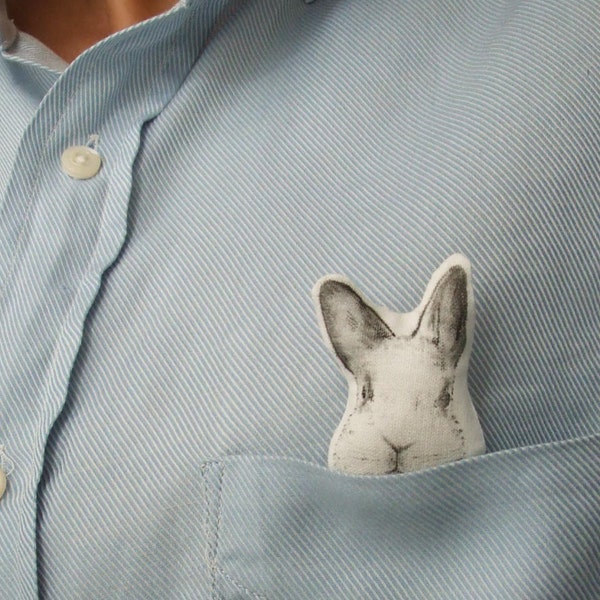 Bunny brooch White rabbit pin Cute Gift idea Easter Spring Funny Textile Jewelry Handmade Hand-painted Fabric Peekaboo