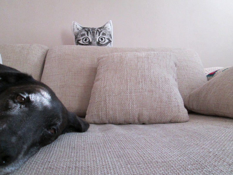 cuscino decorativo a forma di testa di gatto bianco e nero dipinto a mano image 3