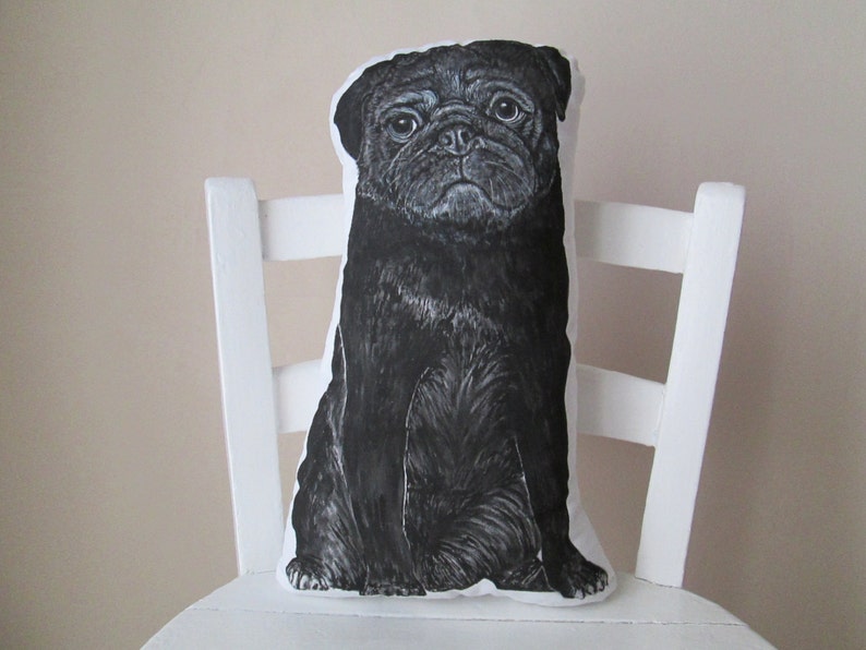 pug throw pillow real size stuffed animal for dog lovers black pug plush decorative pillow cushion painted pug shaped realistic animal image 1