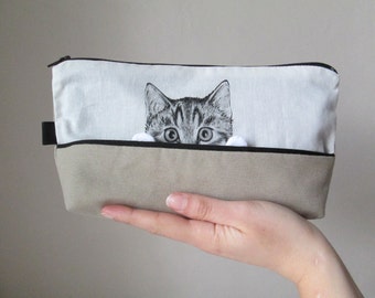 かわいいおもしろ猫ジッパーポーチ ハンドメイド 手描きペンケース 小さな化粧ポーチ 新学期、子供、職場の同僚、猫好きへのギフトアイデア