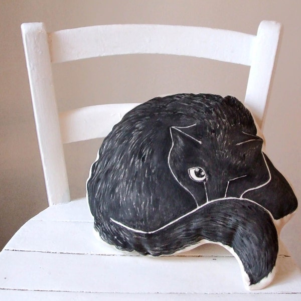 black cat pillow decorative cushion cat drawing shape gift idea witch gotich for kids handpainted cotton fabirc