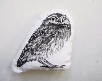 cute owl throw pillow black and white stuffed plush little cushion woodland home decor hand drawn realistic