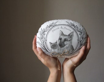 Gepersonaliseerde aangepaste trouwring kussen met namen en huisdieren portretten Ring bearer kussen