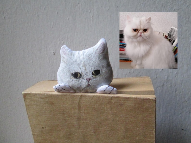 Peut inclure: Un chat en peluche blanc avec une expression boudeuse. Le chat regarde par-dessus le bord d'une bo&icirc;te en carton marron. Le jouet est une repr&eacute;sentation r&eacute;aliste d'un chat persan.