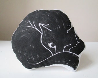 Black Cat Plush Pillow, Hand-Drawn Organic Cotton, Cat Lover Gift
