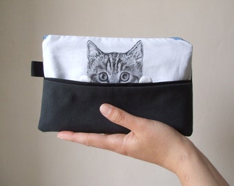 cat pouch cat portrait pencil case gift idea for crazy cat lady cat lovers for teens hand painted fabric cotton black and white