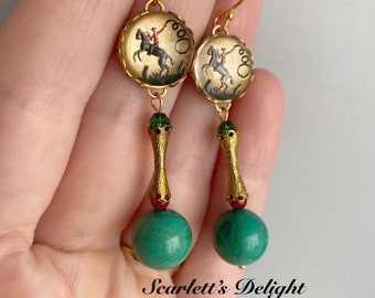 Clancy of the overflow Earrings: ride out western vintage long drop, cowboy, horse, Swarovski, coral, turquoise gemstones, 14k GF hooks