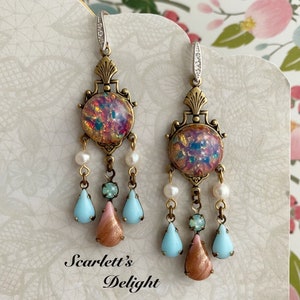 Priscilla Earrings: vintage glass pink fire opals, real pearls, blue Swarovski, Victorian, art nouveau Deco brass chandelier 925 hooks image 2