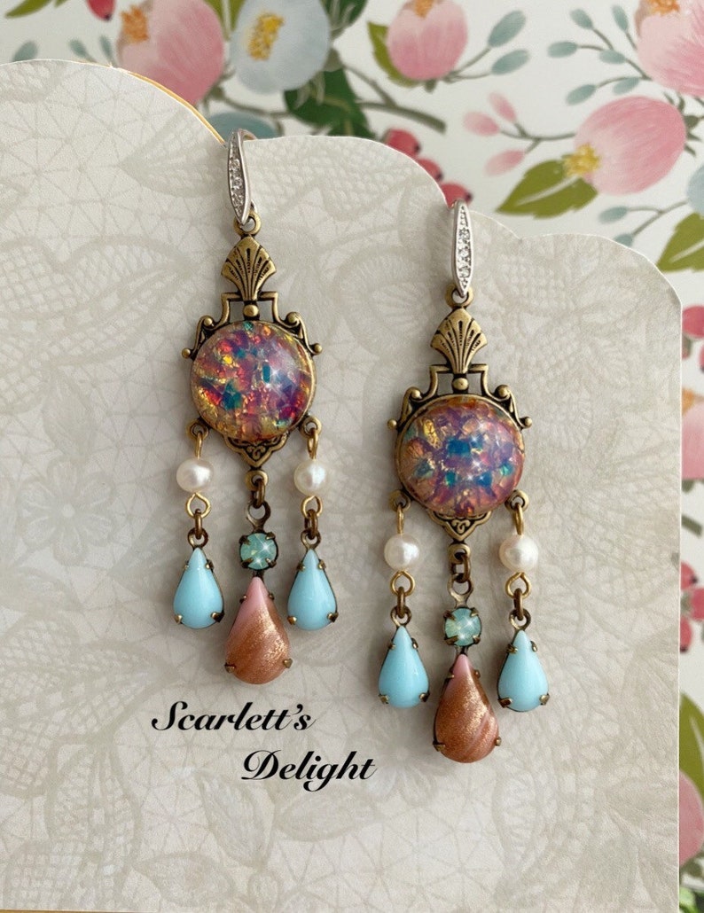 Priscilla Earrings: vintage glass pink fire opals, real pearls, blue Swarovski, Victorian, art nouveau Deco brass chandelier 925 hooks image 2