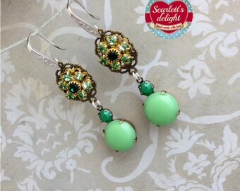 Mira Earrings: vintage green tone Swarovski Crystal flower, floral, emerald, Japanese glass opaque green glass cabochon, stg silver hooks