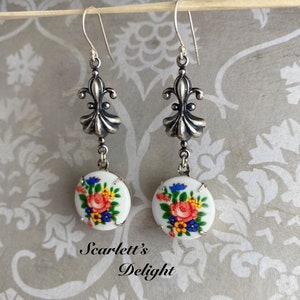 Celia Earrings: Fleur de lis, vintage Japanese porcelain floral, flower glass beaded earrings. Blue, green,yellow, real sterling silver 925 image 2