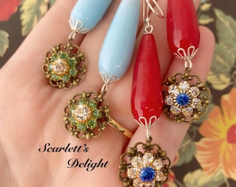 Evelyn gemstone earrings handmade vintage Swarovski flower floral rhinestone long teardrop red blue green sterling silver hooks