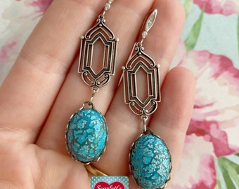 Iris Earrings: blue Art Deco silver vintage turquoise glass drops art nouveau rhinestone 925 stg silver hooks