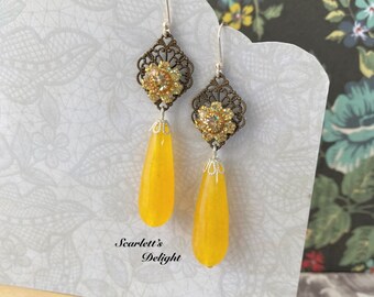 Portia yellow gemstone earrings chalcedony Swarovski long statement drops semi precious stones flower floral sterling silver hooks