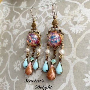 Priscilla Earrings: vintage glass pink fire opals, real pearls, blue Swarovski, Victorian, art nouveau Deco brass chandelier 925 hooks image 3