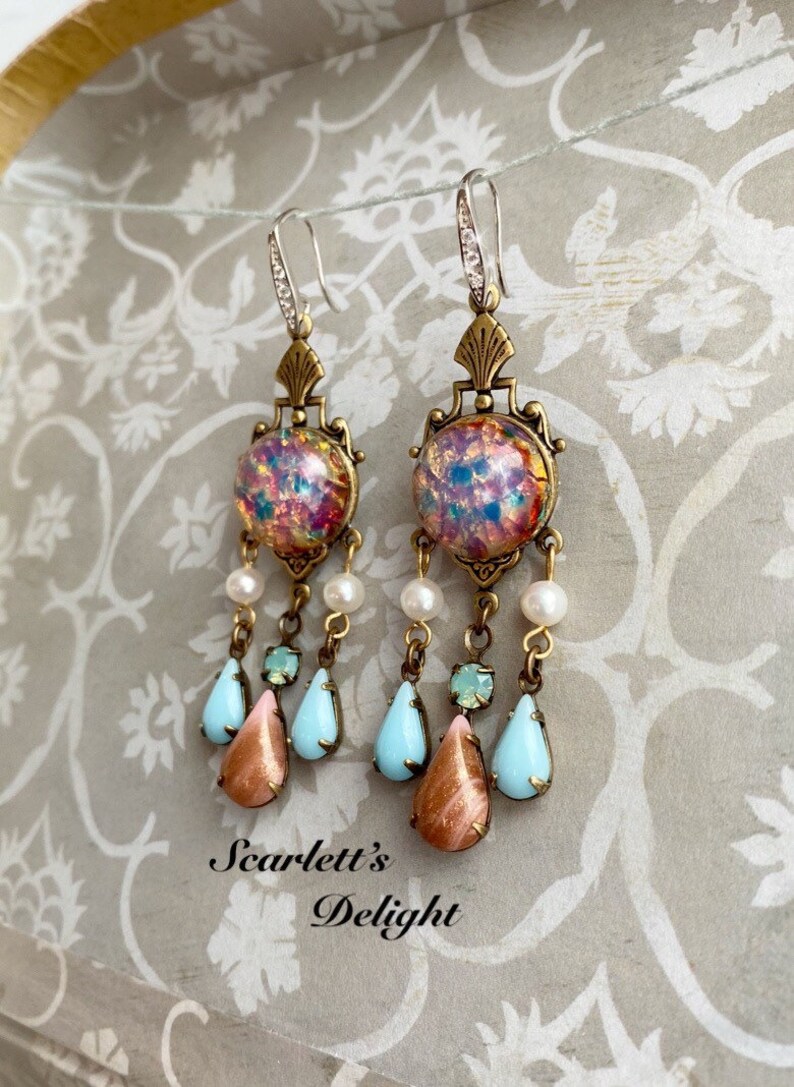 Priscilla Earrings: vintage glass pink fire opals, real pearls, blue Swarovski, Victorian, art nouveau Deco brass chandelier 925 hooks image 3