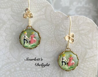 Jack and Jill Earrings: vintage 1950s rare intaglio Essex glass nursery rhyme hand painted 14k gold filled hooks
