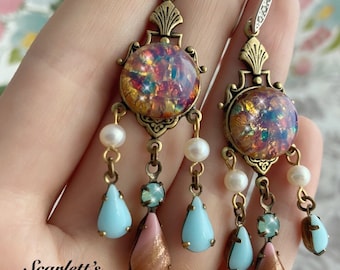 Priscilla Earrings: vintage glass pink fire opals, real pearls, blue Swarovski, Victorian, art nouveau Deco brass chandelier 925 hooks