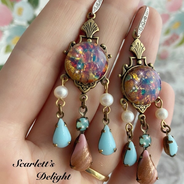 Priscilla Earrings: vintage glass pink fire opals, real pearls, blue Swarovski, Victorian, art nouveau Deco brass chandelier 925 hooks