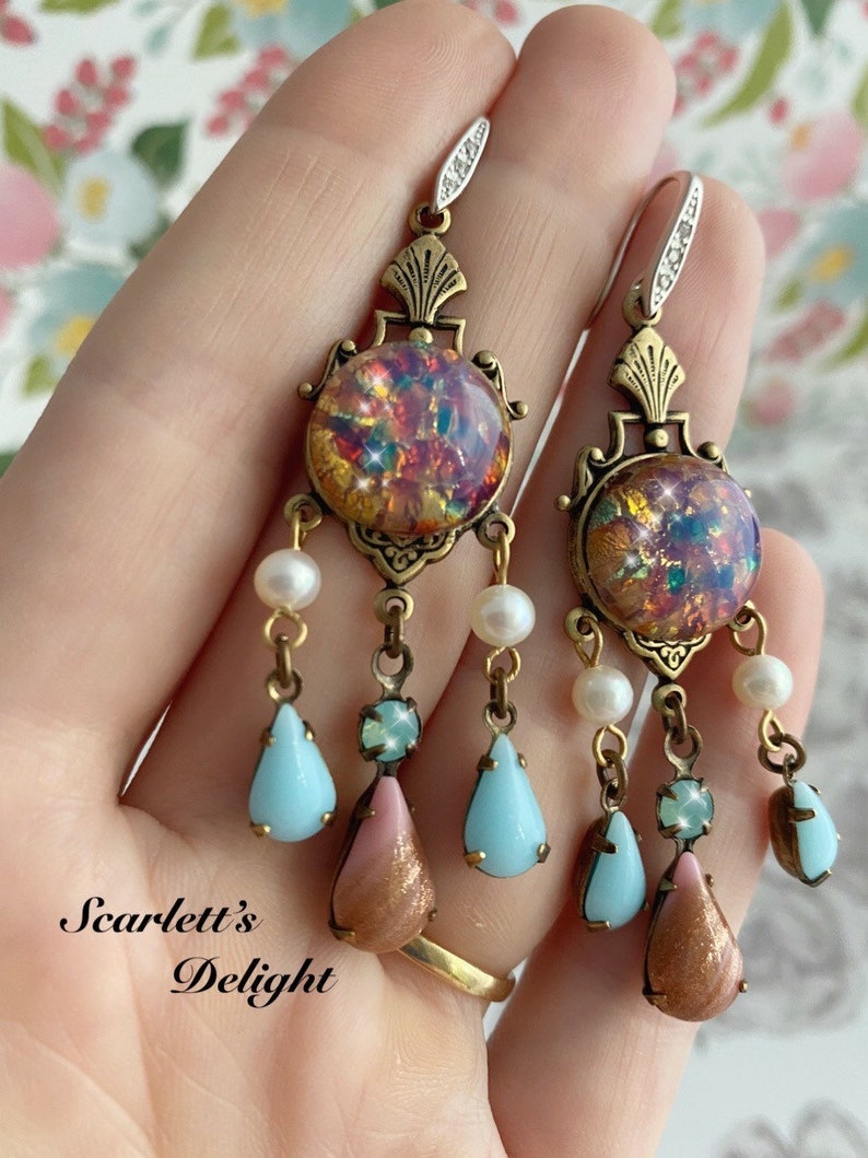 Priscilla Earrings: vintage glass pink fire opals, real pearls, blue Swarovski, Victorian, art nouveau Deco brass chandelier 925 hooks image 1