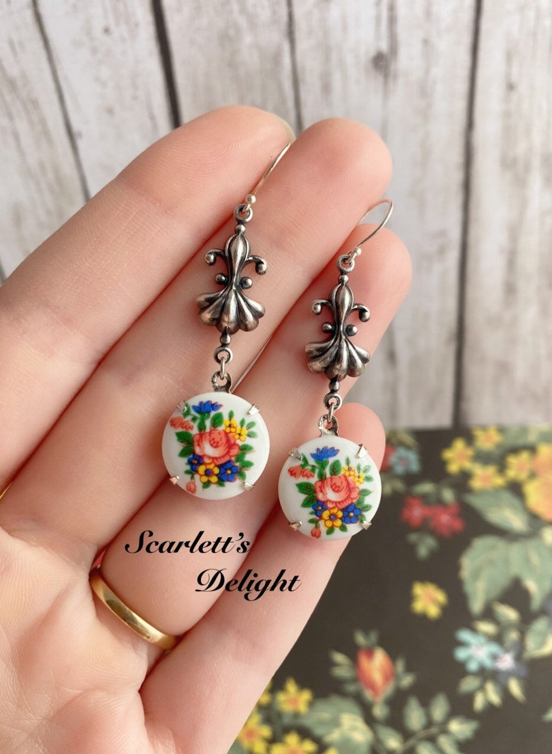 Celia Earrings: Fleur de lis, vintage Japanese porcelain floral, flower glass beaded earrings. Blue, green,yellow, real sterling silver 925 image 1