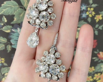 Boucles d’oreilles Moulin: boucles d’oreilles bouton couture strass vintage, swarovski crystal pear drop bridal statement stg silver 925 hooks sparkling