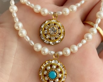 Collier en strass Swarovski Crystal vintage clair Agnes, minuscules perles de riz d’eau douce, AAA rond, fermoir en argent véritable