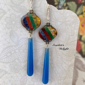 Gertie vintage mosaic multi gemstone earrings, long drops blue onyx jade lapis agate carnelian tigers eye stg silver rhinestone hooks image 1