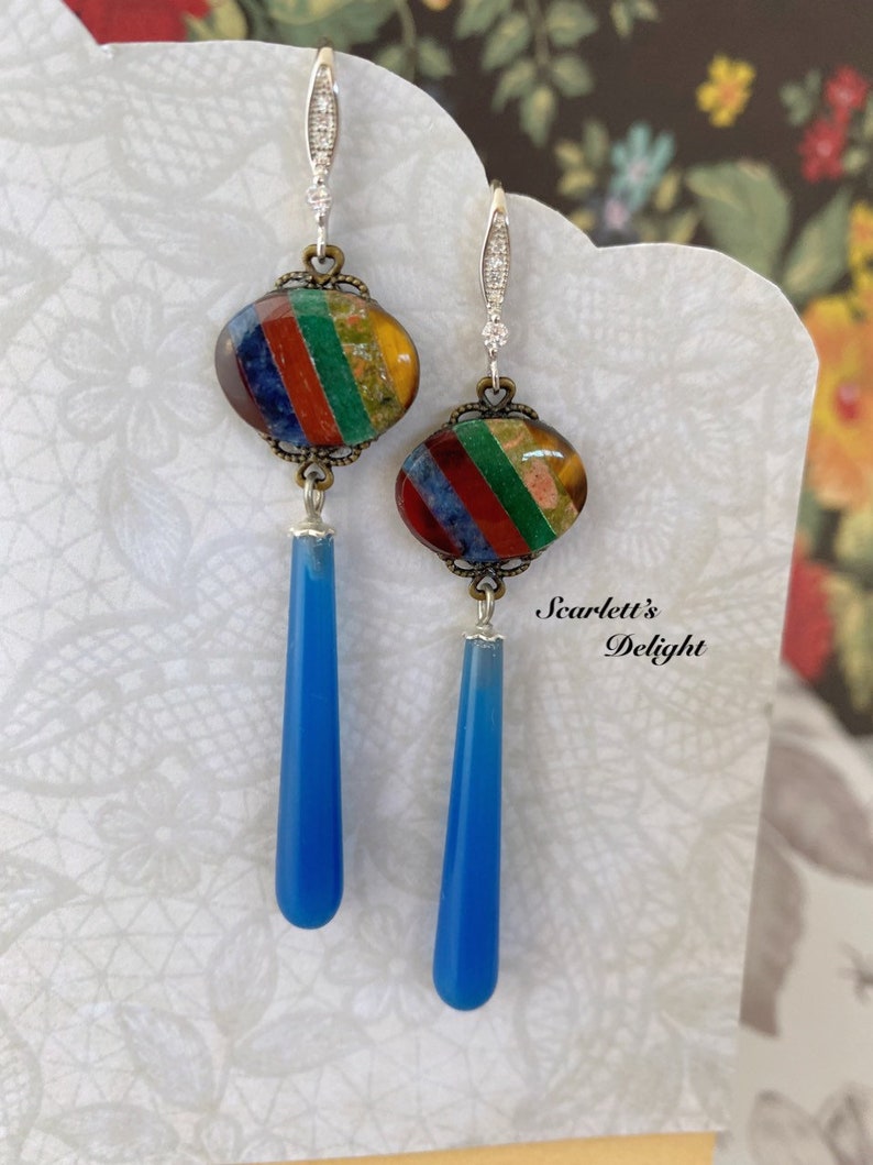 Gertie vintage mosaic multi gemstone earrings, long drops blue onyx jade lapis agate carnelian tigers eye stg silver rhinestone hooks image 1